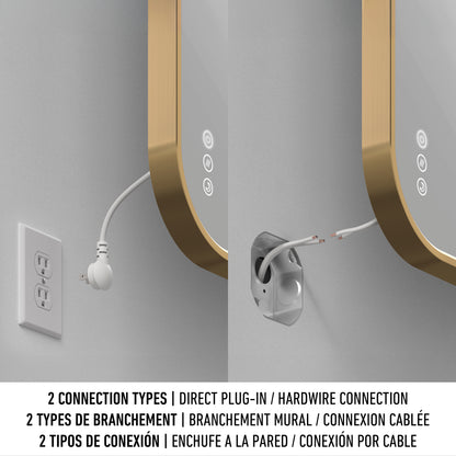 Side-by-side images show the Artika Royce Dimmable LED Mirror (3 CCT, horizontal/vertical mount) with two power options: left—plugged into an outlet; right—hardwired. English, French, and Spanish text describes each connection.
