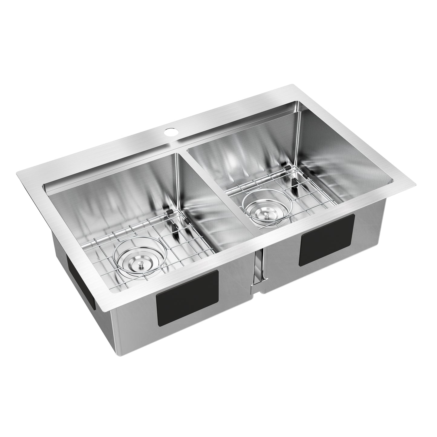 The Artika Newport double bowl stainless steel sink features a single faucet hole and includes metal grid racks for each basin.