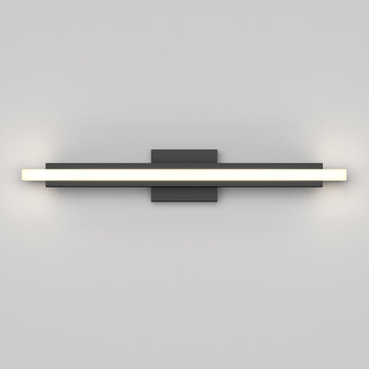 The Artika Ophelia modern LED bathroom vanity light 5 CCT features a sleek, horizontal design with a black rectangular base and a long, slim illuminated bar extending on both sides, perfect for any contemporary space.