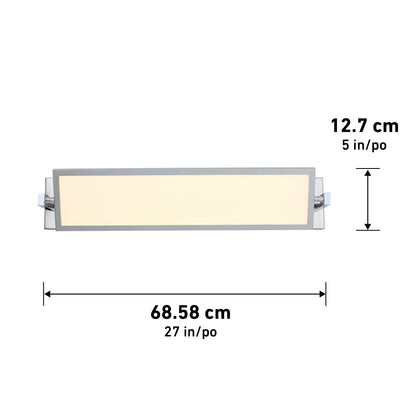 The Artika Reflection Flat Panel LED bathroom vanity light is shown against a white background with labeled dimensions, measuring 68.58 cm (27 in) wide and 12.7 cm (5 in) tall, and emitting a soft beige glow.