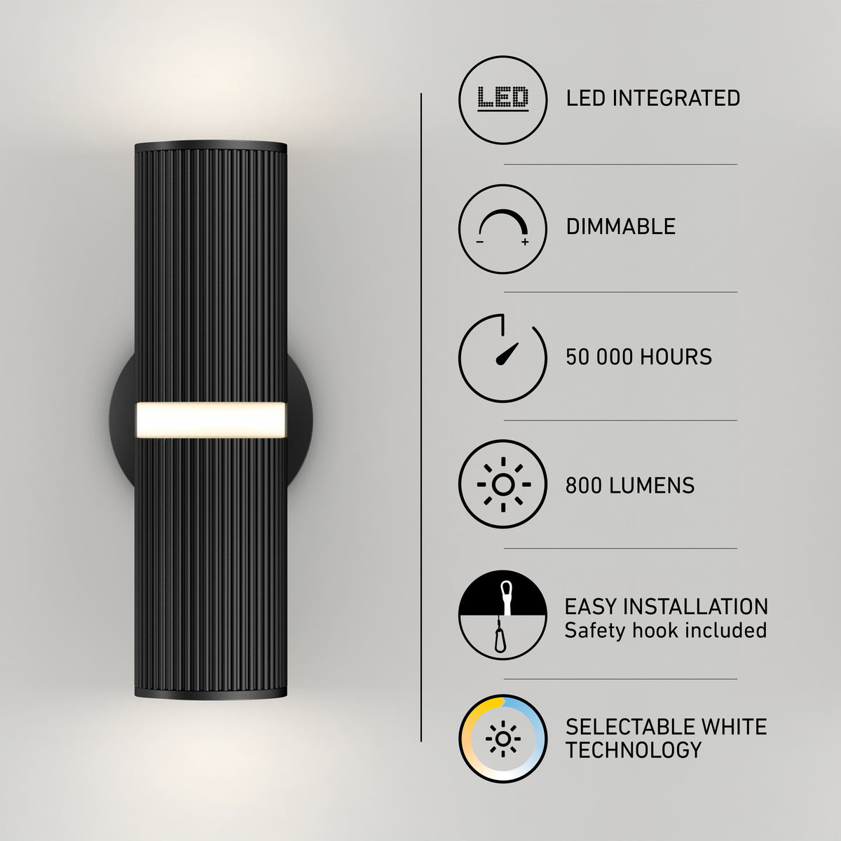 Artika Groove LED indoor-outdoor wall light shown with icons for dimmable, 50,000-hour lifespan, 800 lumens, easy installation with safety hook, and selectable white technology.