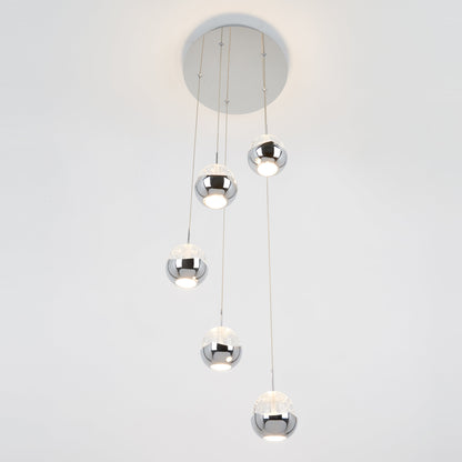 The Artika-CAN-dev Oracle modern 5-light LED pendant features five chrome spherical shades suspended at different lengths from a round ceiling mount against a plain white background.