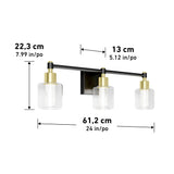 A three-light wall fixture with cylindrical glass shades and gold accents, featuring measurements: 22.3 cm high, 13 cm deep, 61.2 cm wide. Measurements are shown in centimeters and inches.