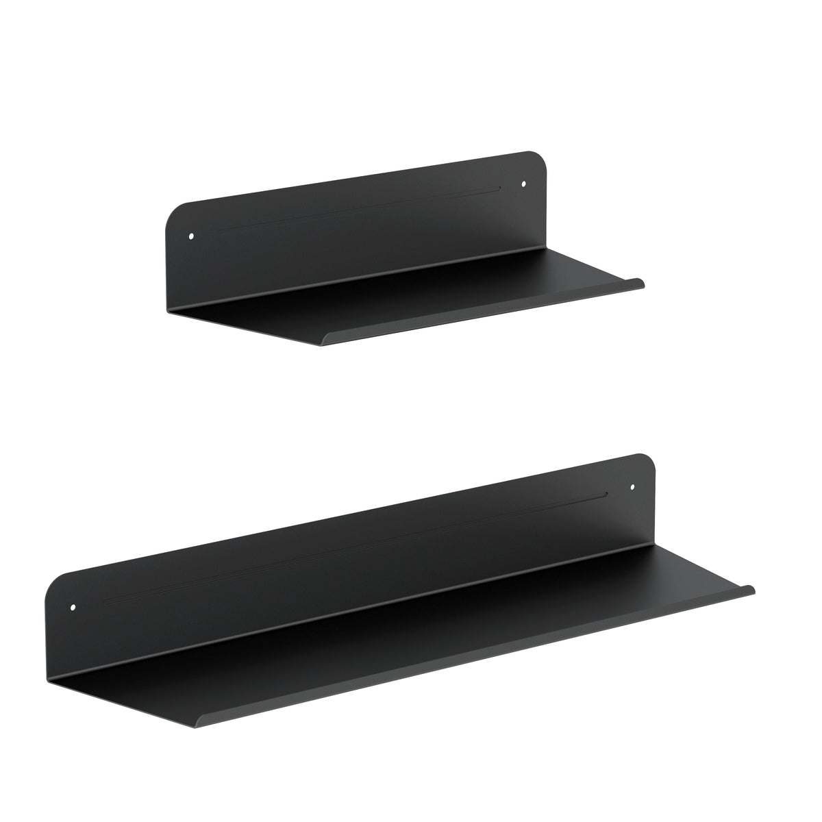 Two black, wall-mounted metal shelves of different lengths are shown against a white background. Each shelf has a raised back panel with cut-out holes for mounting.