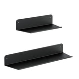 Two black, wall-mounted metal shelves of different lengths are shown against a white background. Each shelf has a raised back panel with cut-out holes for mounting.