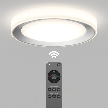 The Artika Cooper LED flush mount light is illuminated overhead, emitting a bright glow. Below, a multi-button remote control with a Wi-Fi symbol highlights its smart, wireless operation.