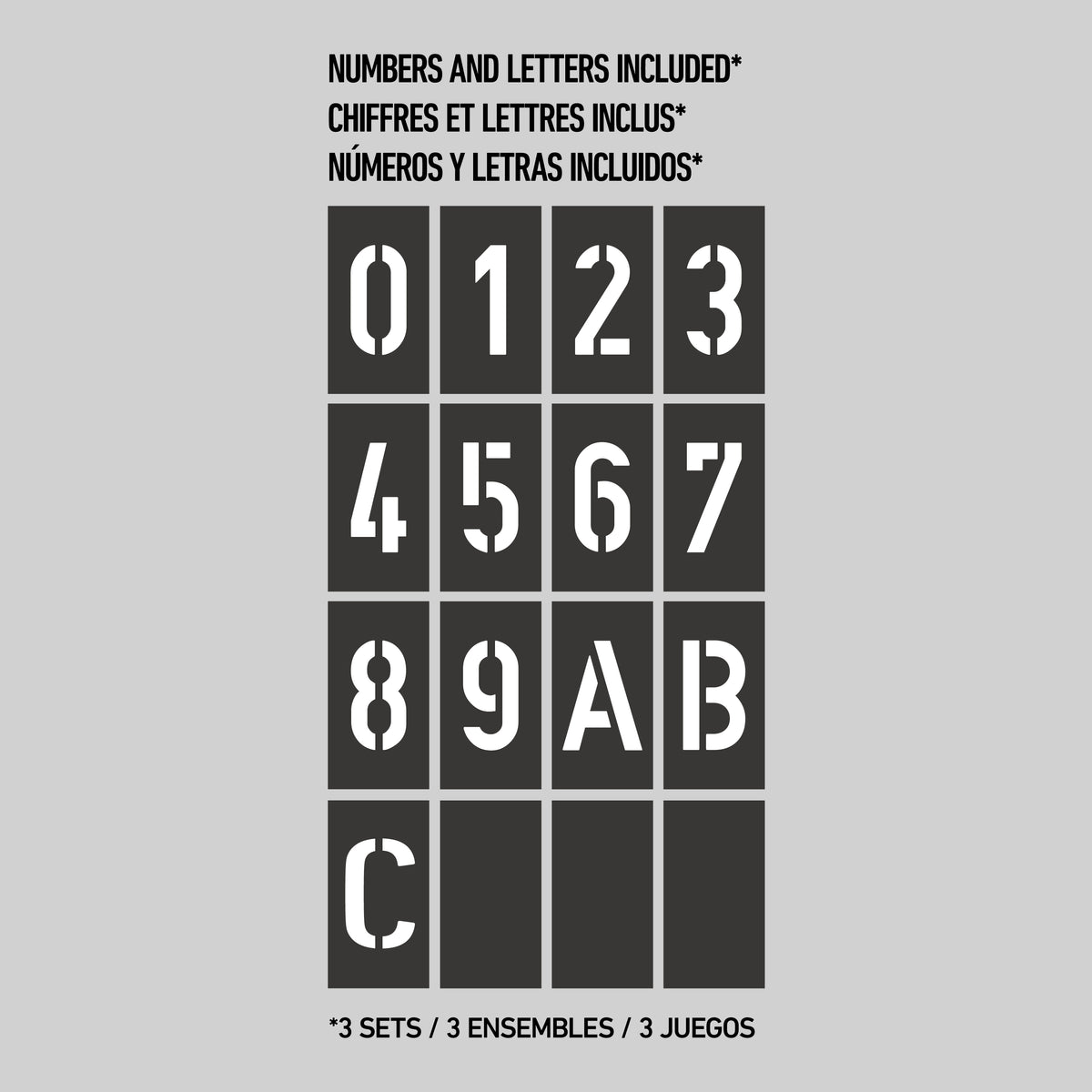 A black stencil set on a gray background displays the numbers 0–9 and the letters A, B, and C. Text above reads Numbers and letters included in English, French, and Spanish. Below: 3 sets / 3 ensembles / 3 juegos.
