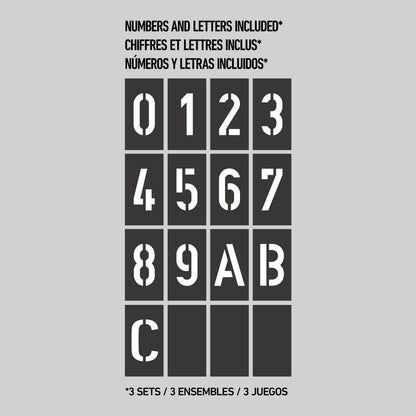 A black stencil set on a gray background displays the numbers 0–9 and the letters A, B, and C. Text above reads Numbers and letters included in English, French, and Spanish. Below: 3 sets / 3 ensembles / 3 juegos.