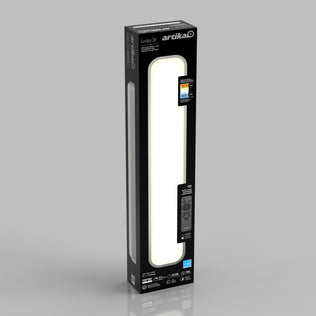 A black rectangular box for the Artika Europa 36 LED flush mount light with remote, showing the slim fixture, specs, and branding on a gray background.
