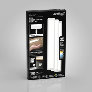 Artika Maestro under cabinet LED light 3 CCT, pack of 3—dimmable, USB-C, sensor—ideal for modern kitchen lighting.
