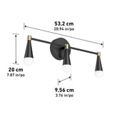 A modern black and gold three-light wall fixture with cone-shaped shades. Dimensions: 53.2 cm wide, 20 cm tall, and 9.56 cm deep. Each measurement is shown in both centimeters and inches.