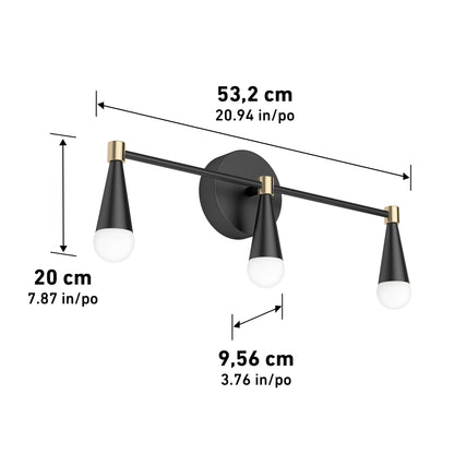 The Artika Wayden LED mid-century bathroom vanity light 3 CCT is a modern black wall sconce with three cone-shaped bulbs, gold accents, and dimensions of 53.2 cm (20.94), 20 cm (7.88) tall, and 9.56 cm (3.76) deep shown in both units.