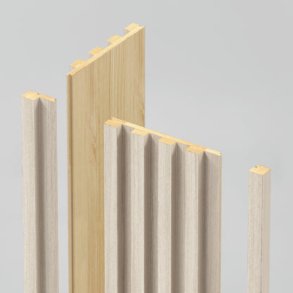 Eight Artika Panolok 30.67 ft wall panel kit pieces stand upright against a light grey background, highlighting their interlocking edges and natural wood finish.