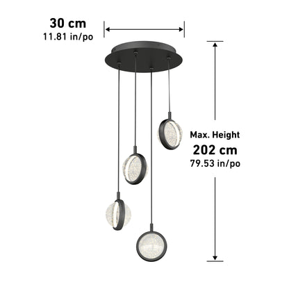 The Artika Avalon 4-light LED pendant features four circular lights suspended at varying heights from a round ceiling mount, finished in modern black. Dimensions: 30 cm (11.81 in) wide, max height 202 cm (79.53 in).