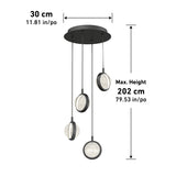 A modern black pendant ceiling light with four circular LED fixtures hanging at different lengths. Dimensions are 30 cm (11.81 in) wide and up to 202 cm (79.53 in) maximum height.