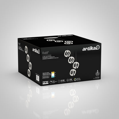 A black Artika box displays the Vivaldi LED 4-light pendant, a modern circular fixture. The packaging shows specs and icons for color temperature and adjustable features.