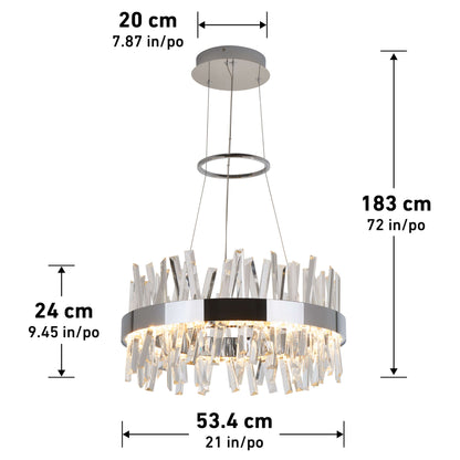 The Artika Enchanted LED pendant light features a modern circular design with clear prisms and metal accents. Dimensions: 20 cm top width, 24 cm height, 183 cm hanging length, and 53.4 cm chandelier width.
