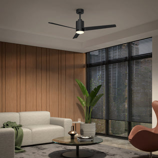 Modern living room with a gray sofa, glass coffee table, potted plant, and Artika Ellison 52 in. LED ceiling fan with remote.