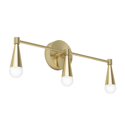 The Artika Wayden LED mid-century bathroom vanity light 3 CCT features a brushed gold finish, three cone-shaped arms each with a round frosted bulb, and a circular wall-mounted base.