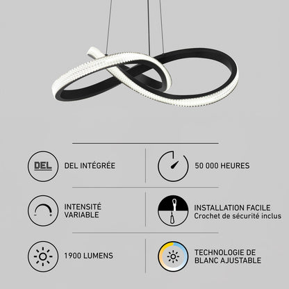 Morgan LED contemporary pendant light 5 CCT: 1900 lumens, adjustable white, dimmable, 50k-hour lifespan, and easy install.