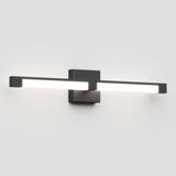 A modern wall-mounted light fixture with a rectangular black base and a long, horizontal, illuminated bar, set against a plain white wall.