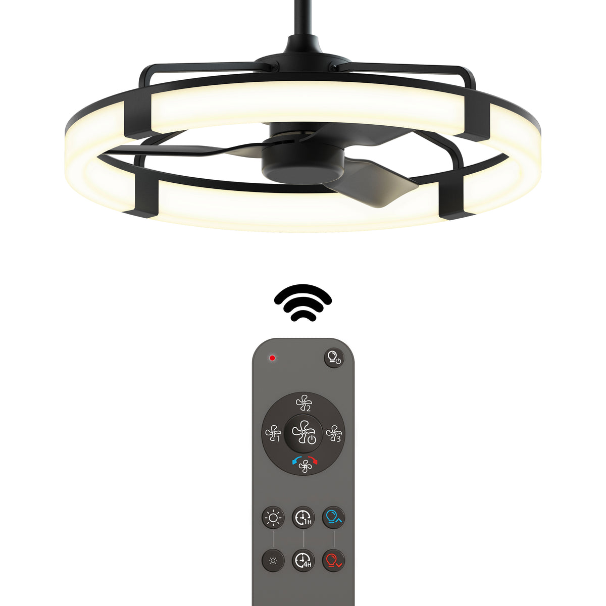 The Artika Sunnyvale 28 in. LED modern ceiling fan features black blades, a circular LED light ring, and comes with a remote for easy control of lighting and fan settings. A wireless icon emphasizes its convenient remote functionality.