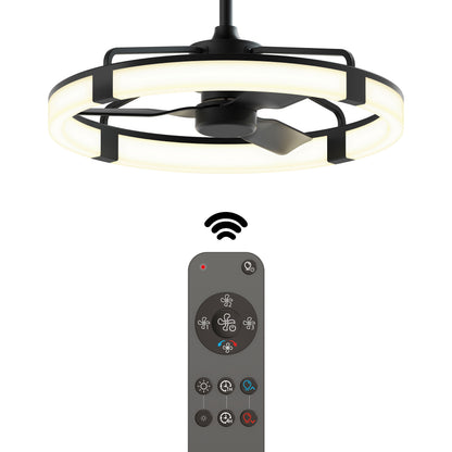 The Artika Sunnyvale 28 in. LED modern ceiling fan features black blades, a circular LED light ring, and comes with a remote for easy control of lighting and fan settings. A wireless icon emphasizes its convenient remote functionality.