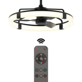 A modern ceiling fan with an integrated circular LED light and a black frame, shown above a remote control with multiple buttons and an icon indicating wireless connection.