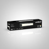 A black rectangular box for an Artika Glamour LED vanity light is shown. The packaging displays the light fixture, product name, and icons highlighting features like dimmable LED, energy efficiency, and color temperature options.