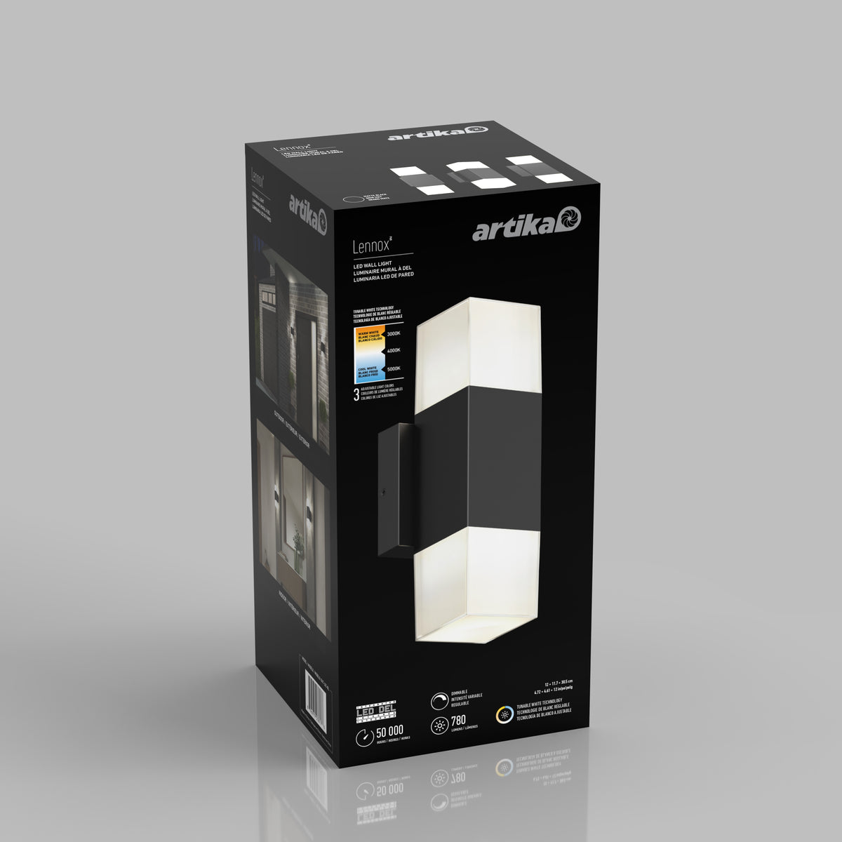 Box packaging for an Artika Lenox wall light, showing a modern black and white rectangular fixture, product details, energy efficiency icons, and photos of the light installed indoors.
