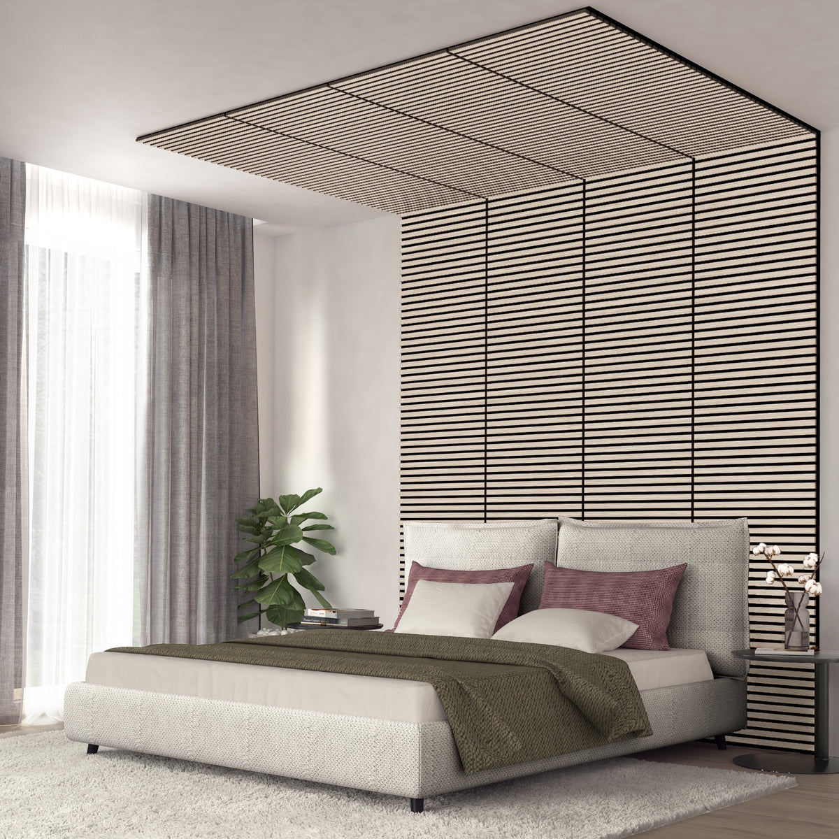 Modern bedroom with a low beige bed, mauve and beige pillows, a green blanket, a striped accent wall extending onto the ceiling, gray curtains, a potted plant, and a nightstand with books and a lamp.