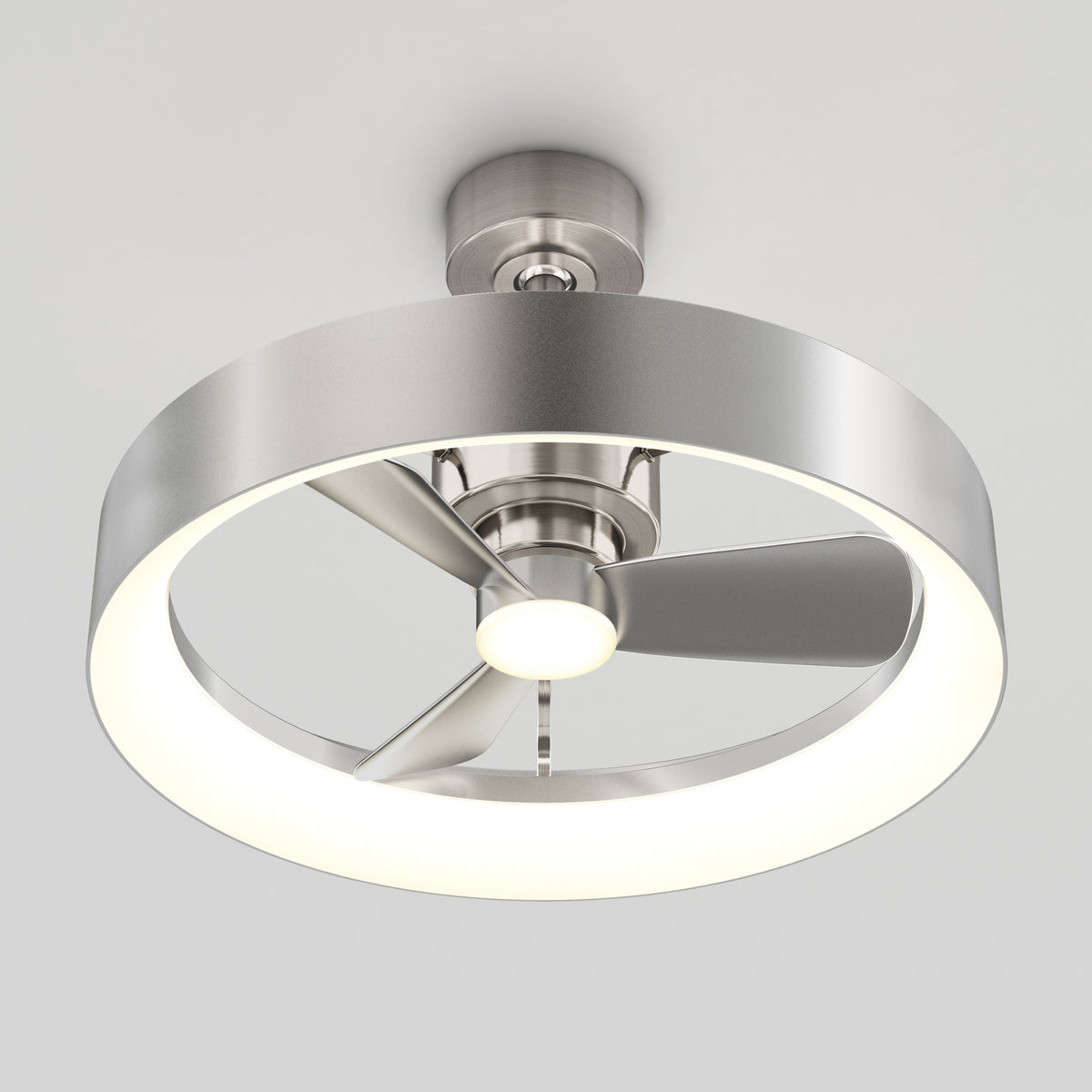 The Artika Austin 23 in. LED modern ceiling fan features three metallic blades, a circular light ring, and a brushed metal finish. Its sleek, contemporary design operates quietly and includes a remote for added convenience.