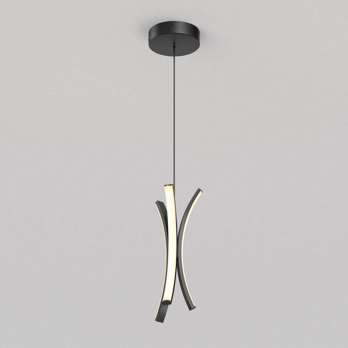 The Artika Corben Pendant LED light 5CCT Black features three modern curved black metal arms—two with soft white LEDs—hanging from a single cord and a black ceiling mount, shown against a plain gray background.
