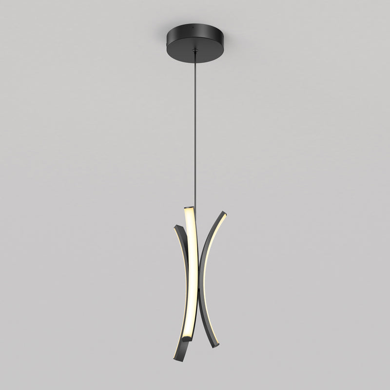 The Artika Corben Pendant LED light 5CCT Black features three modern curved black metal arms—two with soft white LEDs—hanging from a single cord and a black ceiling mount, shown against a plain gray background.