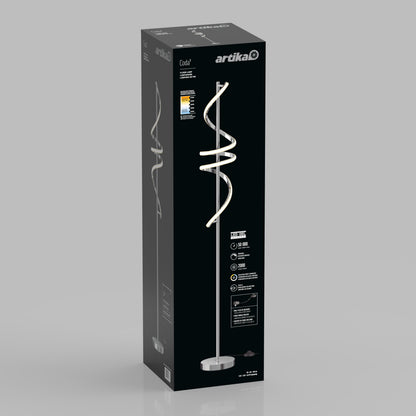 A tall, rectangular black box featuring Artika’s Coda modern LED floor lamp 5CCT. The packaging displays the dimmable, spiral-shaped lamp illuminated on the front along with product details and energy rating.