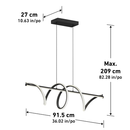 The Artika Coda modern LED pendant light 5 CCT features black and white curved LED tubes, suspended from a rectangular ceiling mount. Dimensions: 27 cm tall, 91.5 cm wide, with a max hanging length of 209 cm.