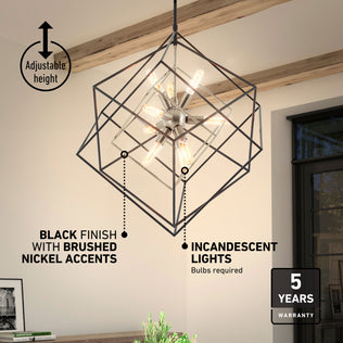 Artika Imperium 9-light chandelier: geometric, black finish, brushed nickel accents, exposed bulbs, adjustable height.