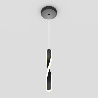The Artika Finley modern LED pendant light 5 CCT features a twisted, ribbon-like black design suspended from a round mount, with its illuminated edge creating a glowing outline against a white background.