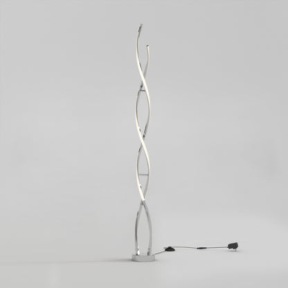 The Artika Swirl modern LED floor lamp features three intertwining curved light strips on a round base with a black power cord and switch, shown against a plain light gray background.