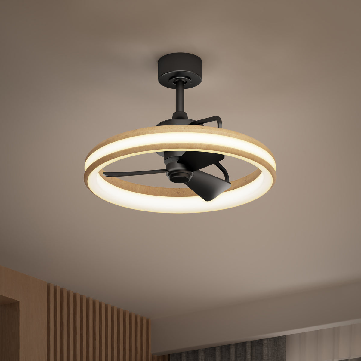 The Artika Lugano 23 in. LED modern ceiling fan with black blades and a circular light fixture is mounted on a beige ceiling in a contemporary room featuring wooden slats and curtains.
