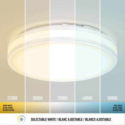 The Artika Hemisphere 15 in. LED flush mount light is shown with five selectable color temperatures—2700K (warm white), 3000K, 3500K, 4000K, and 5000K (cool white)—each illustrating a unique shade of white light.
