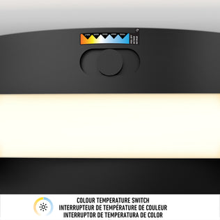 Artika Atomic 15 in. Modern LED ceiling light, wood finish, 5 CCT switch; instructions in English, French, and Spanish.
