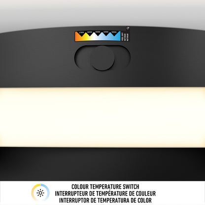 A close-up of the Artika Atomic 15 in. LED flush mount light 5 CCT’s panel displays five color temperature options above a lit bar, with English, French, and Spanish labels beneath.