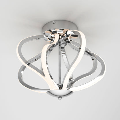 The Artika Meridian LED flush mount light features curved chrome-finished arms and integrated LED strips, creating an open, spherical design perfect for a modern look on a plain white ceiling.