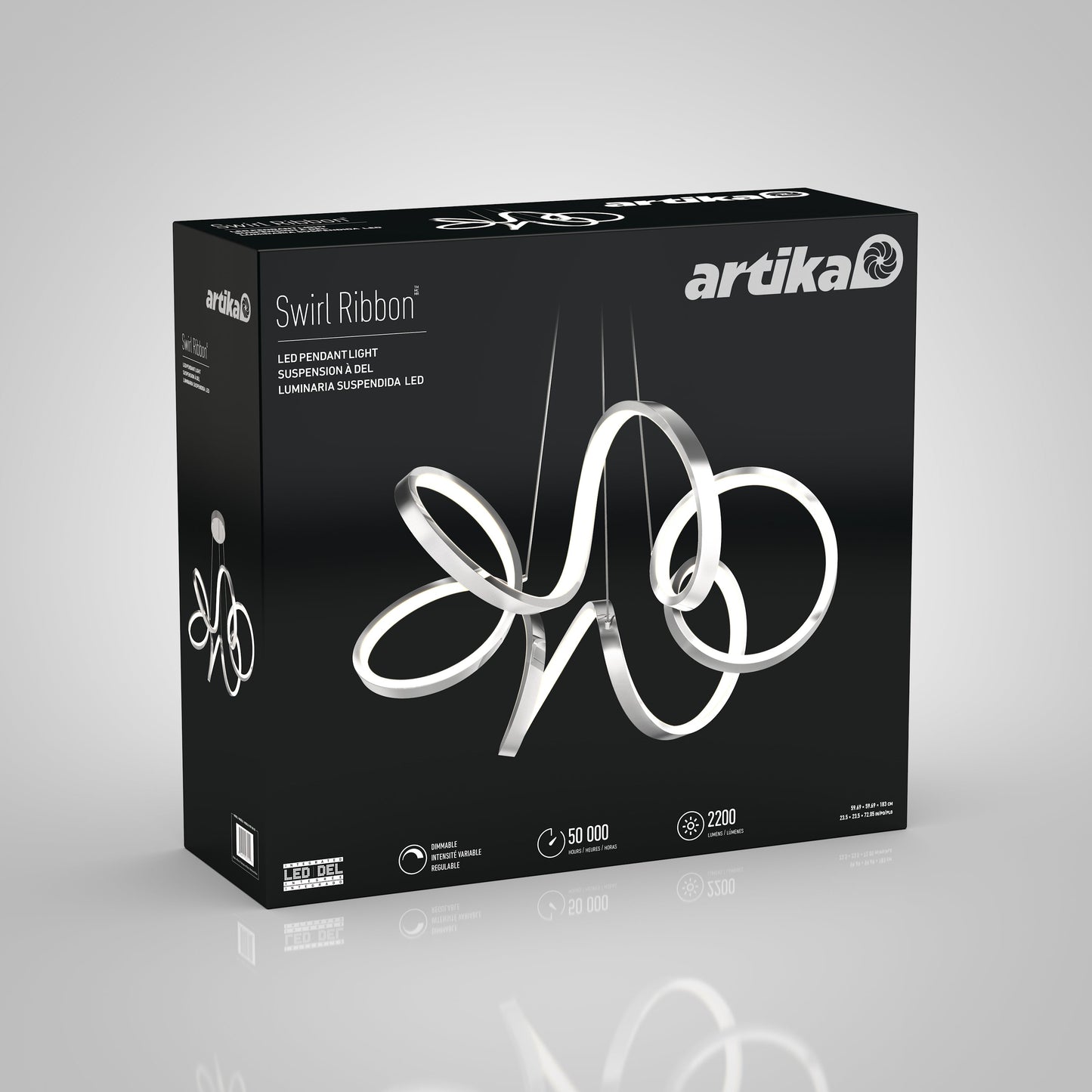 Black box packaging for the Artika-CAN-dev Swirl Ribbon LED pendant light, showcasing a glowing ribbon-shaped fixture on a gray background with product details displayed.