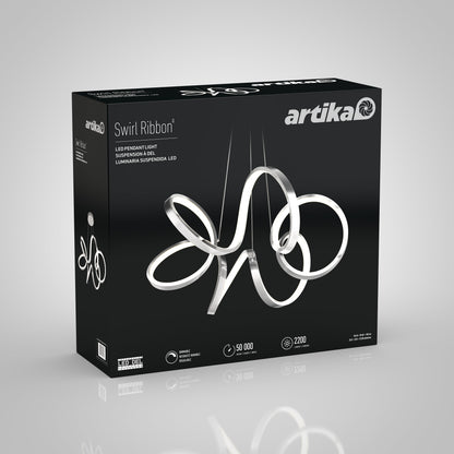 Black box packaging for the Artika-CAN-dev Swirl Ribbon LED pendant light, showcasing a glowing ribbon-shaped fixture on a gray background with product details displayed.