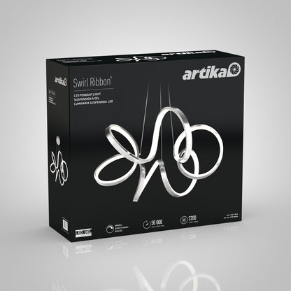 A black Artika box showcases the Swirl Ribbon LED pendant light with a modern, looping fixture image and product details displayed on a gray gradient background.
