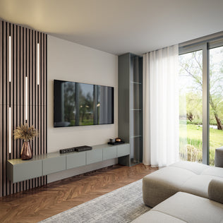 Modern living room with Artika Lumilok LED Wall Panel Light, wall-mounted TV, floating console, and large windows with white curtains.