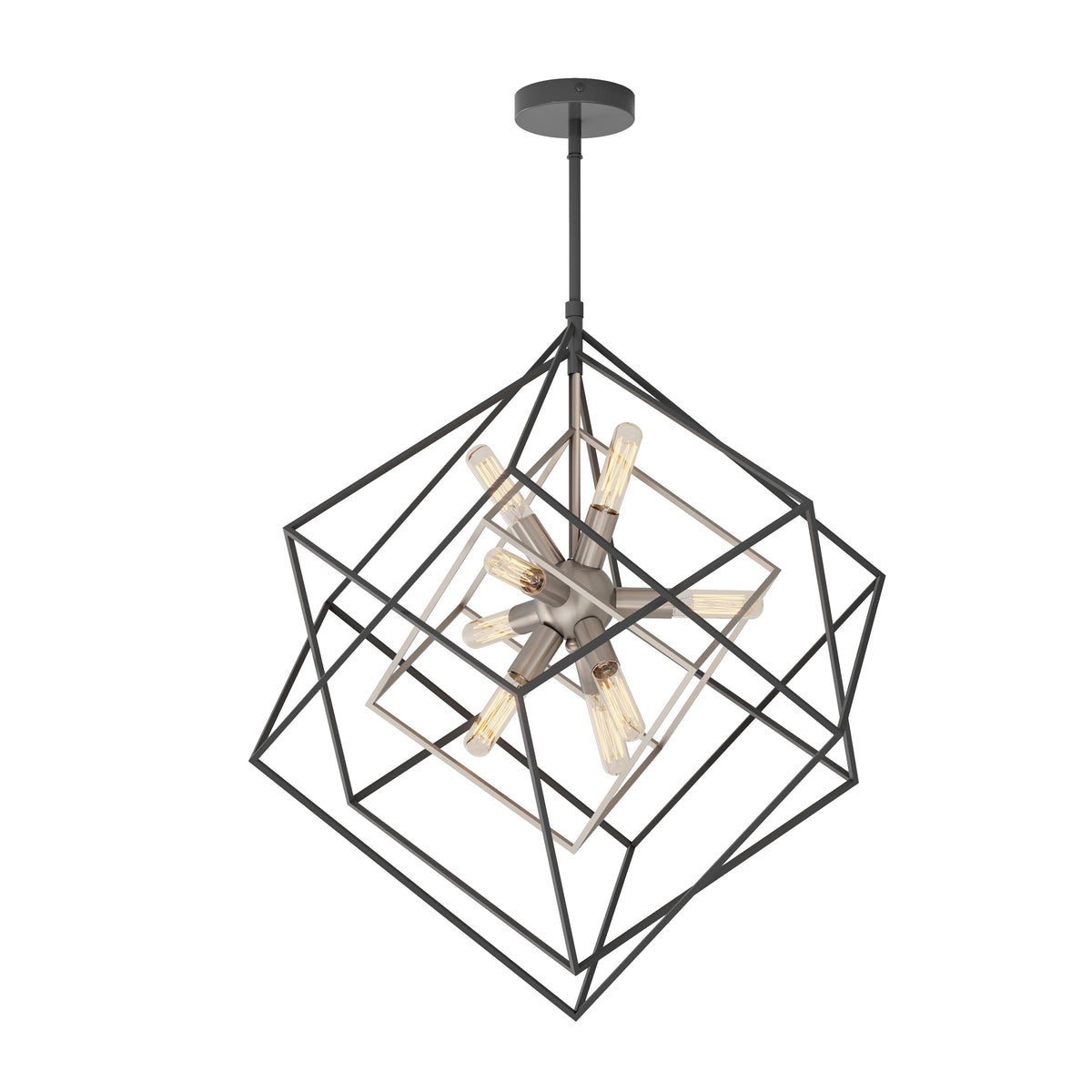Modern geometric pendant light with exposed bulbs, featuring intersecting black metal cubes and a central brushed nickel fixture hanging from a rod.