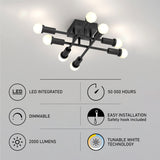 Modern black ceiling light fixture with six glowing bulbs; below are icons and text highlighting features: LED integrated, 50,000 hours, dimmable, easy installation, 2000 lumens, and tunable white technology.